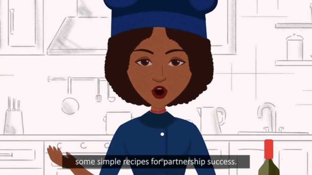 A fundraising cartoon still of a woman in the kitchen discussing recipes for success.