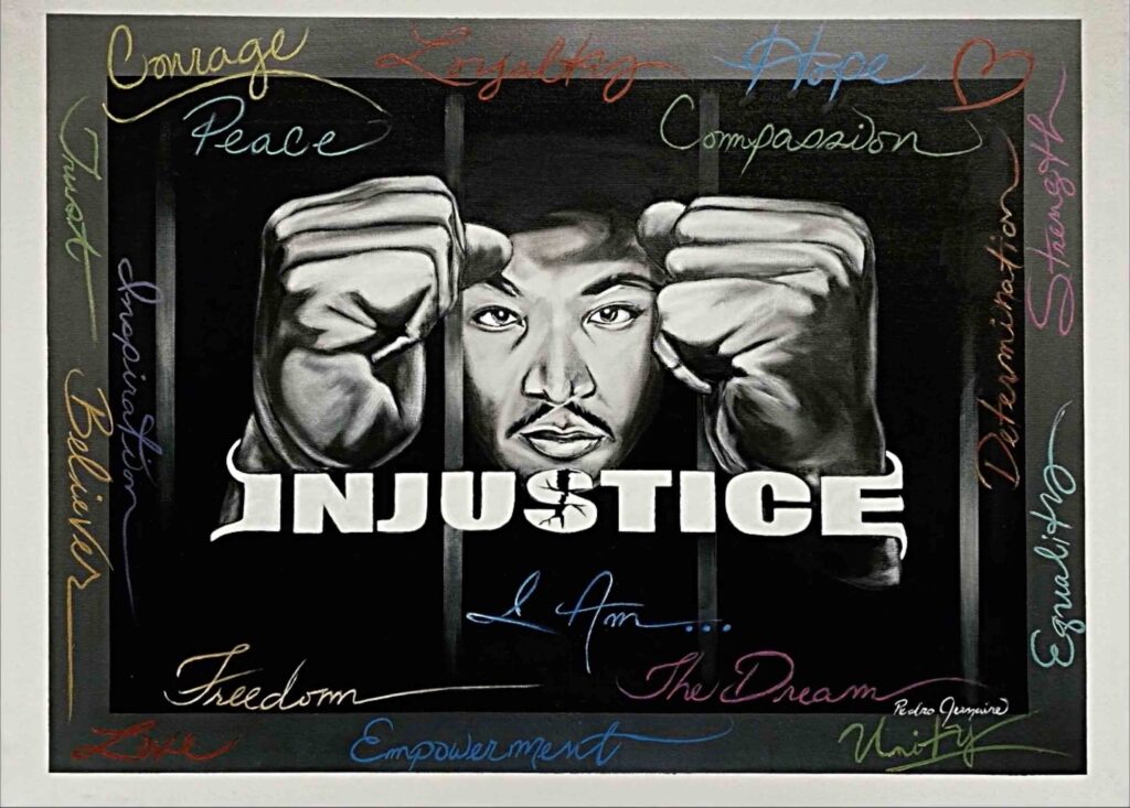 Drawing of Dr. Martin Luther King Jr. in a prison cell with his hands on the bars surrounded by words like Injustice, Courage, Compassion, Peace, and more.