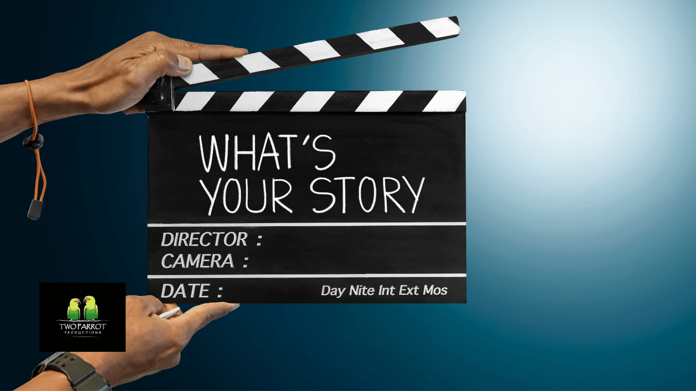 Movie slate with the title what's your story